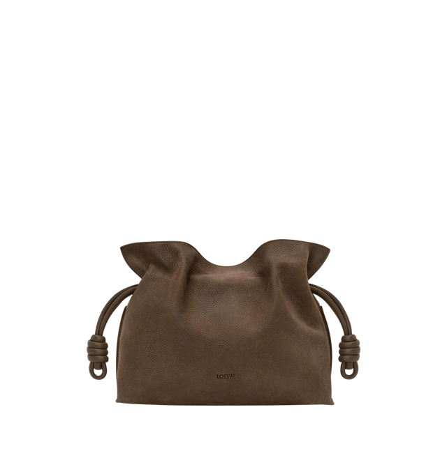 Image 1 of 4 - BROWN - Loewe Medium Flamenco Clutch is crafted from grained nubuck and features the brand's signature soft, slouchy silhouette with a cinched closure and iconic knot drawstrings. Designed for shoulder, crossbody, or hand carry with a detachable and adjustable strap, discreet magnetic closure, nappa lambskin lining, and embossed LOEWE logo. Main Material: Grained Nubuck. Lining: Nappa Lambskin. Dimensions: 30 cm W  24.5 cm H  10.5 cm D. Strap Length: 96-120 cm. Strap Drop: 38-44 cm. Weight: 0 