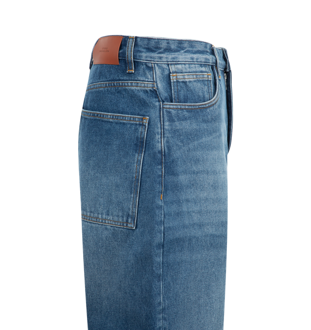 Image 3 of 3 - BLUE - Studio Nicholson Men's cropped curved leg jeans featuring 5 pocket style, button-fly closure, belt loops and leather patch at the back. 