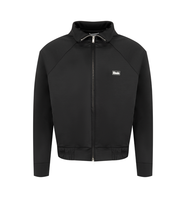 Image 1 of 3 - BLACK - Rhude Men's Madera Track Jacket is crafted from premium performance fabric and features a relaxed silhouette with a full-zip front, stand collar, side pockets, and signature Madera-inspired detailing for a refined athletic look. This designer track jacket combines vintage sportswear influences with Rhude's signature luxury streetwear aesthetic, creating a versatile layering piece for elevated everyday wear. Main Materials: 98% Polyester 2% Elastane. 