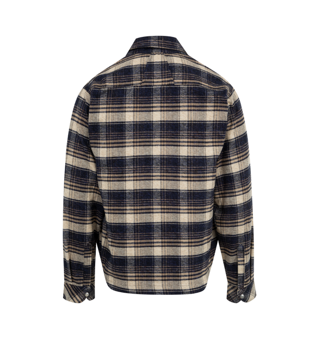 Image 2 of 2 - MULTI - RHUDE Flannel Overshirt featuring long sleeves, camp collar, dual front chest pockets, custom rhude hardware snap styling, and flat hem. 100% cotton. 