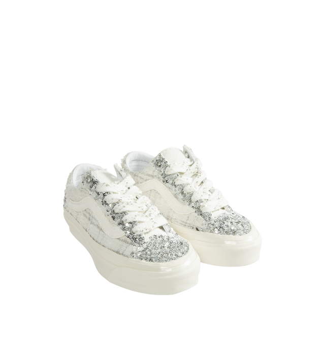 Image 2 of 5 - WHITE - Vans Unisex Premium Old Skool 36 Sneakers are crafted from canvas and feature the iconic low-top silhouette, a lace-up closure, and sequin embellishments. Finished with allover sequin embellishments. Main Material: Canvas Textile. Outsole: Rubber. *Unisex style in men's sizing. 