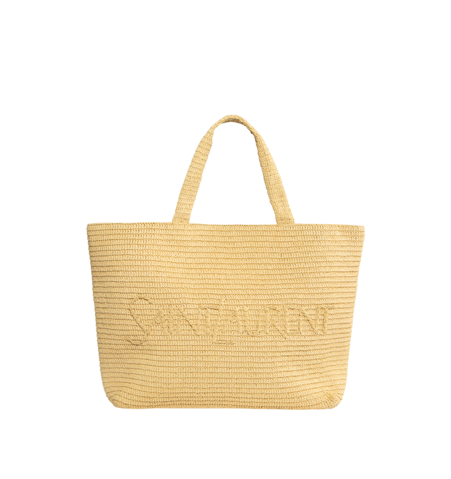 Image 1 of 3 - NEUTRAL - SAINT LAURENT Supple Tote Bag featuring embroidered Saint Laurent signature in tonal raffia, bronze-tone hardware, two top handles, unlined and open top. 16.9"21.3" X 13.8" X 7.1". 8.3" handle drop. 50% raffia, 50% viscose. Made in Madagascar. 