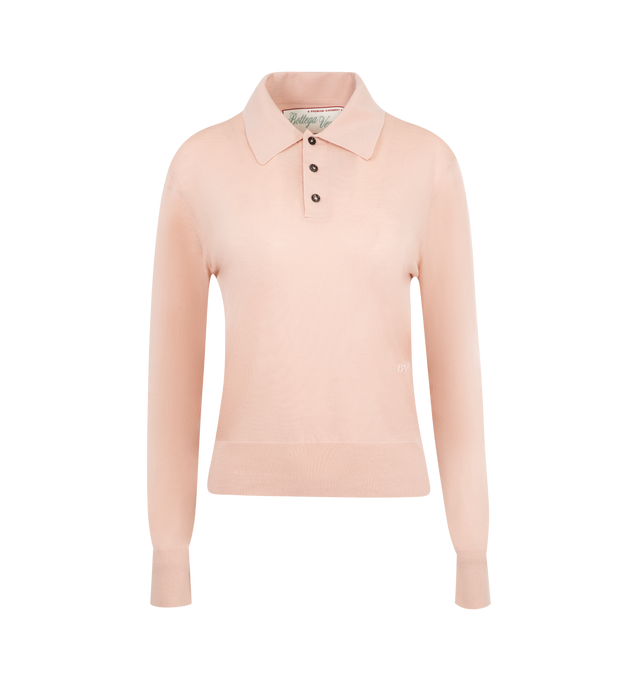 Image 1 of 2 - PINK - BOTTEGA VENETA Light Fine Cashmere Polo featuring lightweight fine cashmere, long sleeves, polo collar, "BV" embroidery on the front and cropped fit. 100% cashmere. Made in Italy. 