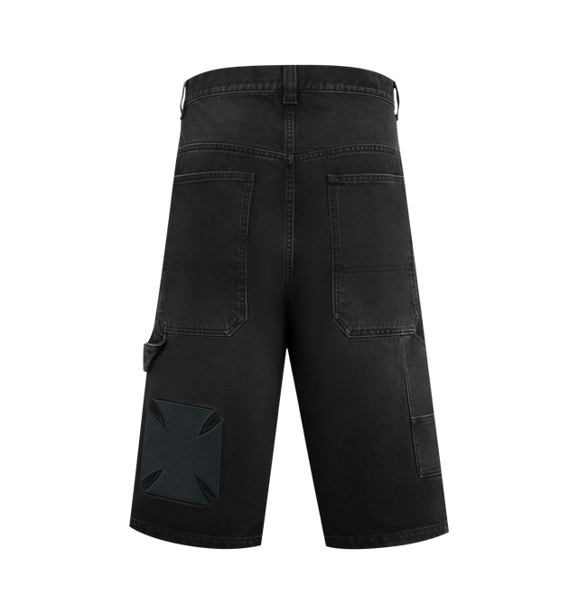 Image 2 of 3 - BLACK - VETEMENTS Hip-Hop Denim Shorts featuring non-stretch denim shorts, fading throughout, belt loops, five-pocket styling, zip fly, cargo pockets and logo patch at outseam and hammer loop at outseam. 100% cotton. Made in Italy. 