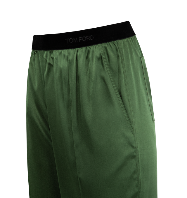 Image 3 of 3 - GREEN - TOM FORD Stretch Silk Satin PJ Pants featuring relaxed stretch silk satin PJ pants with a doubled satin waistband and tonal TF embroidery. 94% silk, 6% elastane. Made in Italy.  