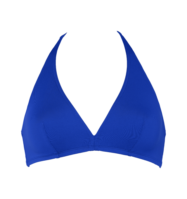 Image 1 of 6 - BLUE - ERES Gang Triangle Bikini Top featuring full-cup triangle bikini top, halter tie spaghetti straps, bust darts, side stays and thin back. 84% Polyamid, 16% Spandex. Made in France.  