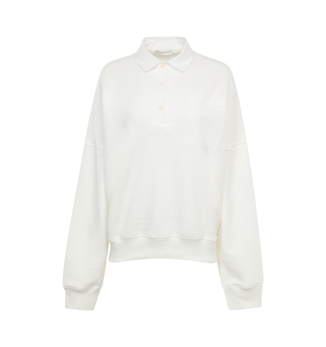 Image 1 of 2 - WHITE - THE ROW Dende Top featuring long-sleeves, polo collar, heavy French terry with oversized boxy fit, dropped shoulder, and woven cotton front patch pocket and collar. 97% cotton, 3% elastane. Made in Italy.