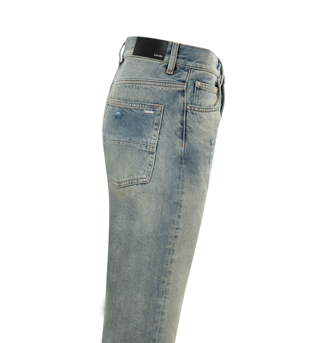 Image 2 of 2 - BLUE - AMIRI Release Hem Straight-Leg Distressed Jeans (32 INSEAM) featuring five-pocket styling, button-fly, raw edge at cuffs, leather logo patch at back waistband, logo-engraved silver-tone hardware and contrast stitching in tan. 100% cotton.  