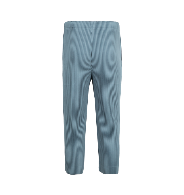 Image 3 of 6 - BLUE - ISSEY MIYAKE August Pant featuring a short length, pockets on both sides, draw cord at the waist and a button-fly design. 100% polyester. Made in the Philippines. 