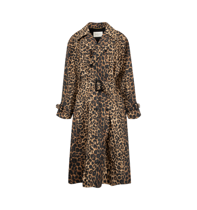Image 1 of 3 - MULTI - Saint Laurent Womens Belted Trench Coat is crafted from polyamide. Features a double-breasted six-button closure, adjustable belt, two-way ulster collar, raglan sleeves, strapped cuffs, two front welt pockets, single back vent, and polyester taffeta lining. Main Material: 100% Polyamide; Lining: Polyester Taffeta. Made in Italy. 