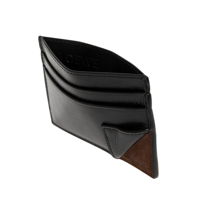Image 3 of 3 - BLACK - LOEWE Switch Plain Cardholder in supple grained calfskin and suede featuring a playful corner fold that creates the illusion of an open pocket, four card slots, one central pocket, calfskin lining and embossed LOEWE. Supple grained calf/suede. 7.5 cm x 10.3 cm x 0.3 cm. Made in Spain. 