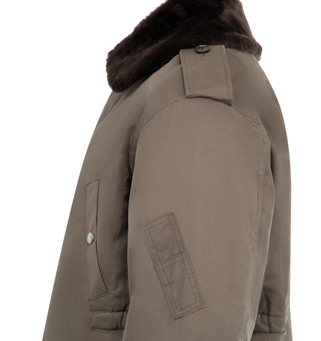 Image 4 of 4 - BROWN - AURALEE Washed Finx Flight Jacket featuring oversized fit, front zip closure, detachable leather collar, snap button pockets on front and snap button waist tab. 100% cotton.  