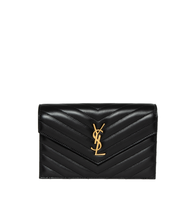 BLACK - SAINT LAURENT Envelope Chain Wallet featuring a zippered compartment, six card slots, snap button closure, bill slot, central compartment and grosgrain lining. 7.5 X 5 X 1.4 inches. 100% lambskin. 