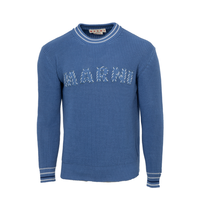 Image 1 of 3 - BLUE - MARNI Logo Sweater featuring knitted construction, crew neck, drop shoulder, long sleeves, embroidered logo to the front, contrast stitching, ribbed trim and straight hem. 100% cotton.  