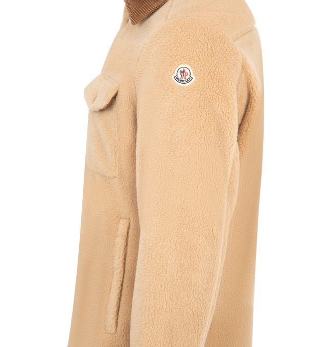 Image 3 of 3 - BROWN - MONCLER Teddy Corduroy-Trimmed Shirt Jacket featuring wool blend teddy fleece, polyester lining, corduroy collar, long sleeves, zipper and snap button closure, pockets with snap button closure and inner zipped pocket. 76% polyester, 24% wool. Lining: 100% polyester. Made in Romania. 