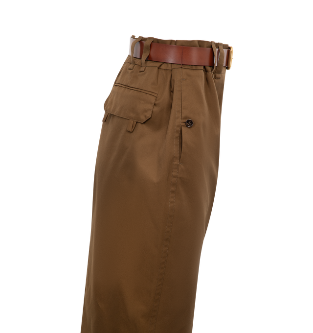Image 3 of 3 - BROWN - SAINT LAURENT Pencil Skirt featuring front slit, back flap pockets, cotton lining, button fly, belt loops and removable pin buckle leather belt. 100% cotton. Made in Italy.  