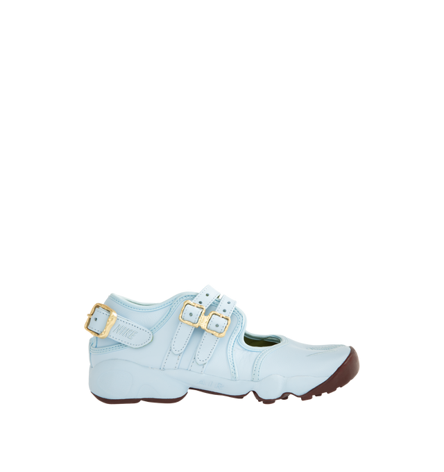 Image 1 of 5 - BLUE - Nike Women's Air Rift Shoes feature the iconic split-toe silhouette inspired by barefoot running and designed for effortless everyday comfort. Crafted with a genuine leather upper that softens and develops character over time, this distinctive style is equipped with adjustable buckle straps for a secure fit and a Nike Air unit in the heel paired with a plush foam midsole for lightweight cushioning. Finished with rugged rubber outsole detailing for enhanced traction and durability. Main 