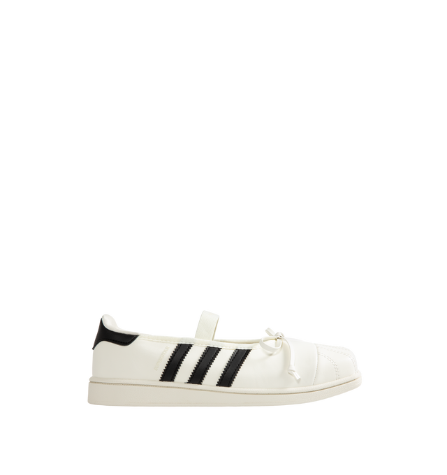 Image 2 of 6 - WHITE - Adidas Women's Jennie Superstar SQ Ballet Shoes are crafted from leather and feature a low-cut silhouette, a squared shell toe, and an elastic closure for easy entry and a secure fit. Finished with a textile sockliner, signature 3-Stripes, Trefoil branding, Jennie co-branding details, and includes optional shoelaces for customization. Main Material: Leather.  