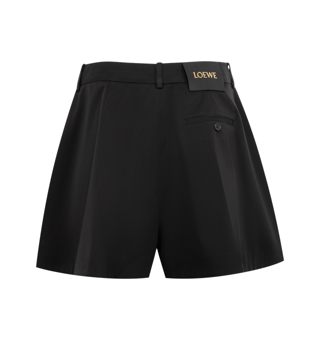 Image 2 of 3 - BLACK - LOEWE Trapeze shorts in cotton and silk featuring a trapeze silhouette, regular fit, short length, mid waist, concealed hook and zip fly, seam pockets, buttoned rear welt pocket, pressed creases at the front and back and LOEWE embossed leather patch placed at the back. Cotton/silk. Made in Italy. 