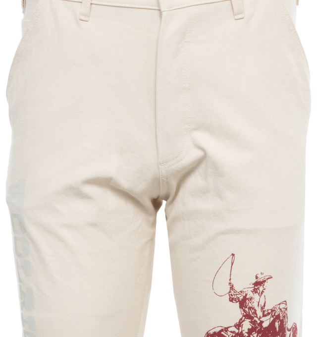 Image 4 of 4 - WHITE - ONE OF THESE DAYS X WOOLRICH Workwear Pant featuring zip button fly, five-pocket design, belt loops, straight leg and screen-printed logo branding. 100% cotton canvas. 