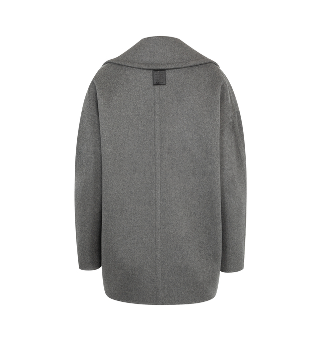 Image 2 of 3 - GREY - Loewe Women's Coat in medium-weight wool featuring a cocoon silhouette with exaggerated lapels. Relaxed fit, short length, single-breasted with button front fastening, seam pockets and LOEWE Anagram embossed leather patch placed at the back. Made in Italy. 