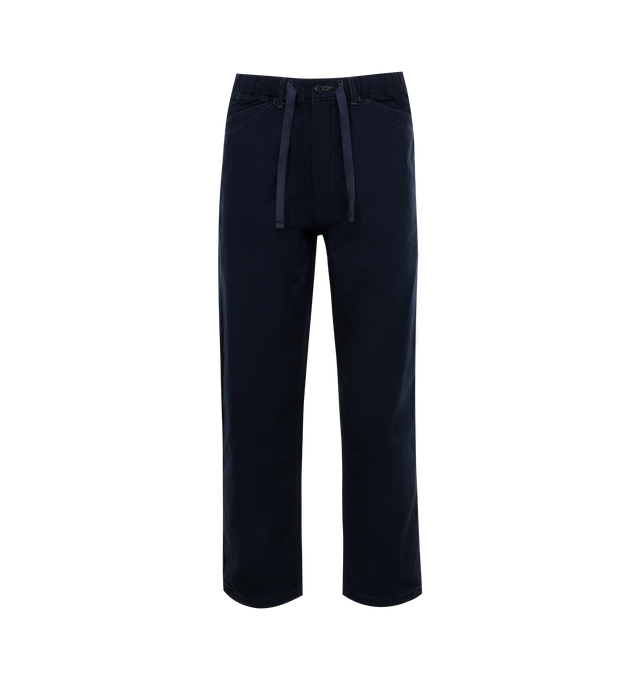 NAVY - POST O'ALLS E-Z Travail pants crafted from 100% cotton vintage sheeting fabric prewashed, tumble dried in low temperature. Featuring relaxed style with elasticated waist, button closure and drawstring tie at the waist. Made in Japan.