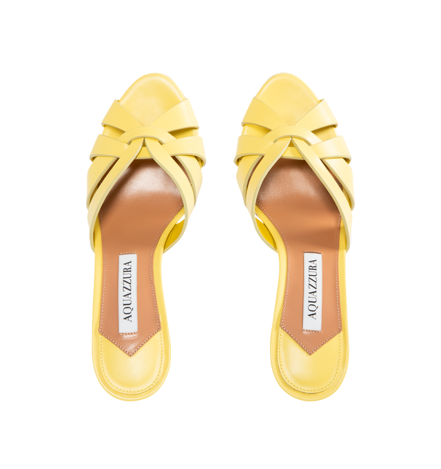Image 4 of 4 - YELLOW - AQUAZZURA Copacabana Mule 75 featuring cage-like straps, low-cut vamp, slip-on style, mid heel, padded leather insole and signature logo detailing. 75 mm heel. Calf leather. Made in Italy. 