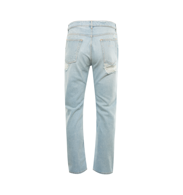 Image 2 of 3 - BLUE - PALM ANGELS Destroyed Jeans featuring patchwork detailing, ripped detailing, belt loops, front button fastening, classic five pockets and straight leg. 100% cotton. 