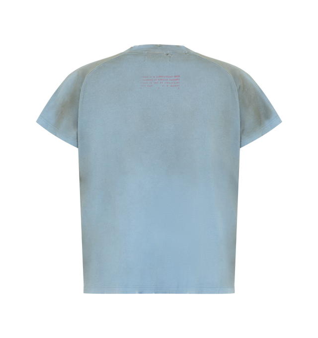 Image 2 of 2 - BLUE - Enfants Riches Deprimes Raglan Short-sleeve mock neck baby fit T-shirt in 100% cotton medium weight baby rib. Featuring a vintage wash process and distreesing throughout, single stitch at cuff, overedge hem at waist and printed artwork at the front and back.  Made in USA. 