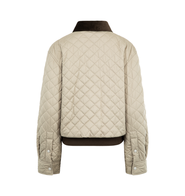 Image 2 of 3 - NEUTRAL - LOEWE Short Jacket in lightweight technical fabric featuring allover diamond quilting, regular fit, short length, corduroy collar and inside cuff, zip front fastening and snap button cuffs, vertical welt pockets, inside welt pocket, contrast rib knit hem and anagram embossed leather patch pocket placed on the chest. Polyester. Made in Italy. 