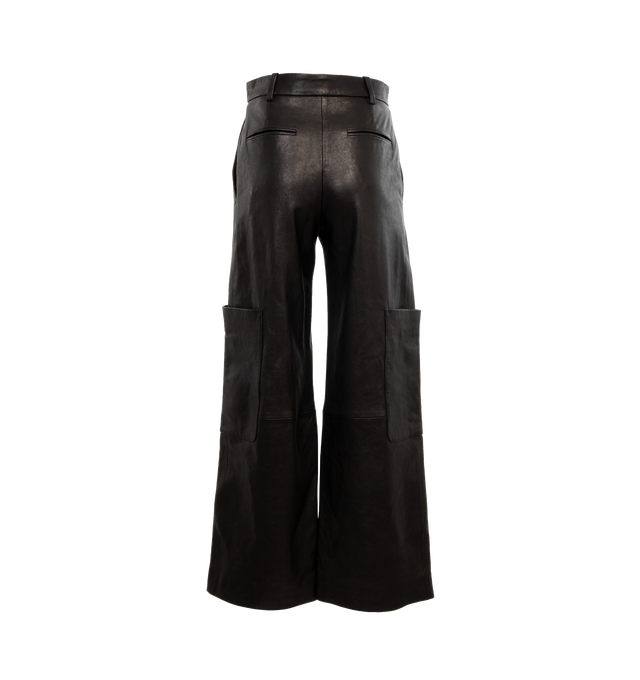 Image 2 of 4 - BLACK - KHAITE Caiton Leather Wide-Leg Cargo Pants featuring cargo pants in lambskin leather with leg patch pockets, mid rise sits high on hip, flat front, angled side slip pockets, back welt pockets, wide legs, full length and hook zip fly and belt loops. Leather. Made in Romania. 