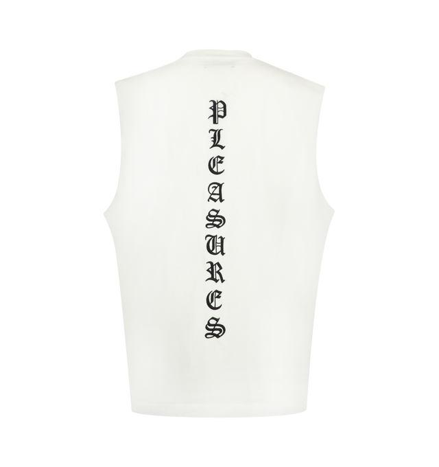 Image 2 of 2 - WHITE - Pleasures Mens Relaxed Sleeveless T-Shirt is crafted from heavyweight cotton jersey. Features a relaxed fit, sleeveless silhouette, embroidered logo detailing, and enzyme-washed finish. Main Material: 100% Cotton. Made in China. 