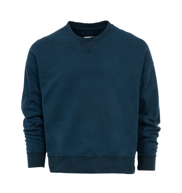 BLUE - VISVIM Amplus Sweatshirt featuring rib knit crewneck, hem, and cuffs, raglan sleeves and logo embroidered at back hem. 95% cotton, 5% nylon. Made in Japan.