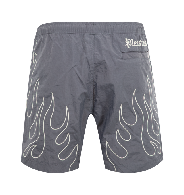 Image 2 of 3 - GREY - PLEASURES Fiery Running Shorts featuring two pockets at sides, single slit pocket at back, embroidered flame prints at front and back, embroidered logo text at back and elastic waist.  