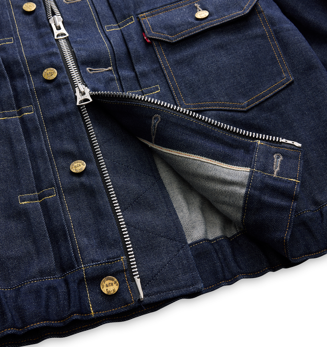 Image 4 of 5 - BLUE - Sacai X Levi's Men's Blouson Denim Jacket is crafted from a medium-dark wash cotton denim featuring a deconstructed denim design with a central zipper and utility pocket details on the sleeve. Main Material: 100% Cotton. Made in Japan. 