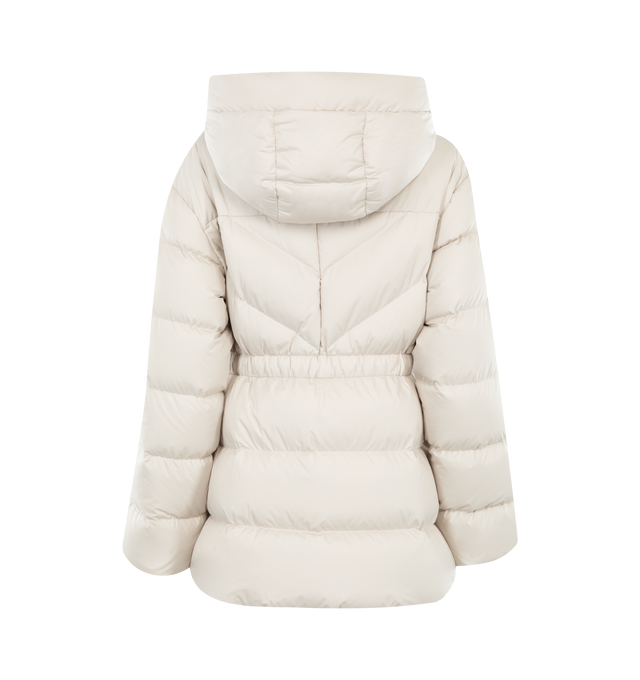 Image 2 of 3 - WHITE - MONCLER Brosse Short Down Jacket featuring brushed polyester, longue saison lining, down-filled, hood, zipper closure, zipped pockets and elastic belt with logo buckle. 100% polyester. Padding: 90% down, 10% feather. 