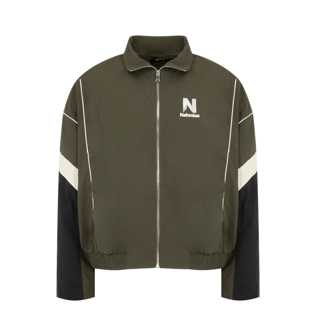 Image 1 of 3 - GREEN - Nahmias Men's Warm Up Jacket is crafted from premium performance fabric and features a relaxed silhouette with a full-zip front, stand collar, elasticated cuffs, and side pockets for everyday functionality. This designer warm-up jacket combines athletic-inspired styling with Nahmias' signature luxury streetwear aesthetic, creating a versatile layering piece for both casual and active wear. Main Material: Premium Nylon Performance Fabric. 