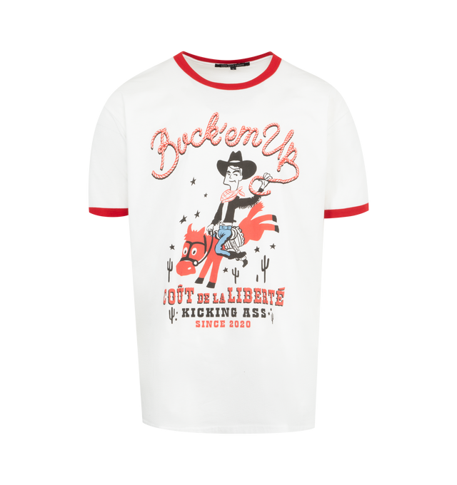 Image 1 of 2 - WHITE - COUT DE LA LIBERTE Freddie Buck Em T-Shirt featuring cowboy and 'Buck Em' rope graphic, crew neckline, short sleeves, contrast trim on collar and cuffs, pullover style and relaxed fit. 100% cotton. Made in USA. 