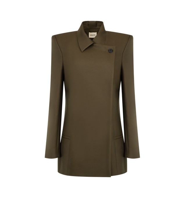 Image 1 of 2 - GREEN - Khaite Womens Wool Silk Cady Jacket is crafted from wool silk cady. Features an elongated silhouette, overlapping collar, sharp shoulders with cigarette-roll detailing, natural gathering at the chest, and low-set welt pockets. Main Material: 74% Wool, 26% Silk. Made in Italy. 