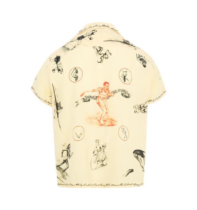 Image 2 of 2 - YELLOW - BODE Games Shirt featuring illustrations of various athletes, with the names of different countries written around the sleeves and hem, button front closure, spread collar and short sleeves. 100% silk. Made in India. 