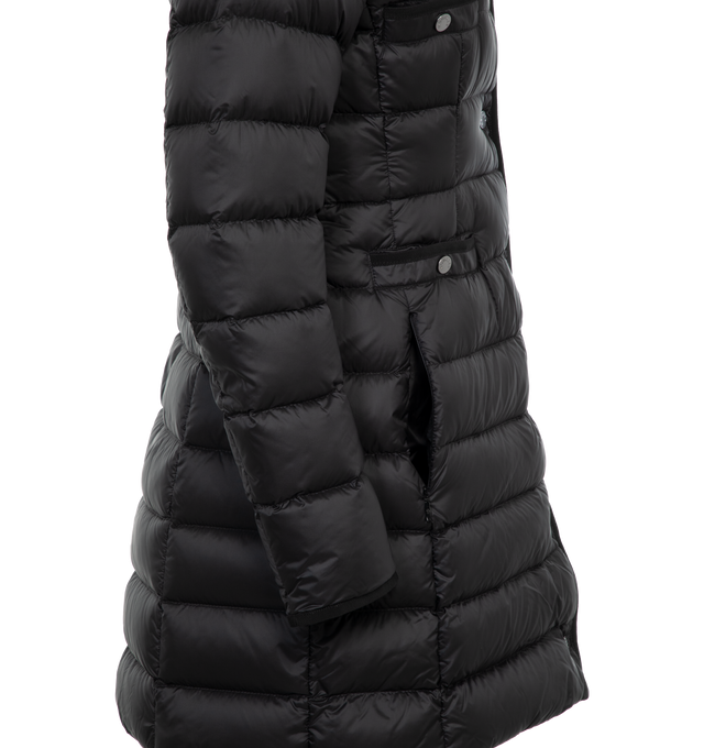 Image 3 of 3 - BLACK - MONCLER Hirma Long Coat featuring longue saison lining, down-filled, adjustable hood, zipper and snap button closure, pockets with snap button closure and waistband with drawstring fastening. 100% polyamide/nylon. Padding: 90% down, 10% feather. 