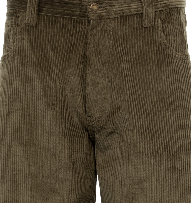 Image 4 of 4 - GREEN - NOAH Wide-Wale Corduroy Jeans featuring 5-pocket style with zip fly, metal shank closure, copper rivets, embroidered patch on back pocket, wide fit and relaxed fit. 100% cotton. Made in Portugal. 
