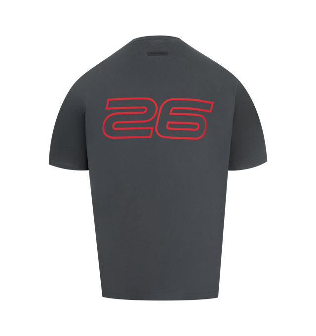 Image 2 of 2 - GREY - FEAR OF GOD ESSENTIALS 90s Tee featuring an oversized 90s-inspired silhouette, exaggerated proportions with dropped shoulders for a relaxed drape, matte HD print application on front, "26" graphic on back, and signature rubberized Fear of God Essentials label at the collar. 100% cotton jersey. 