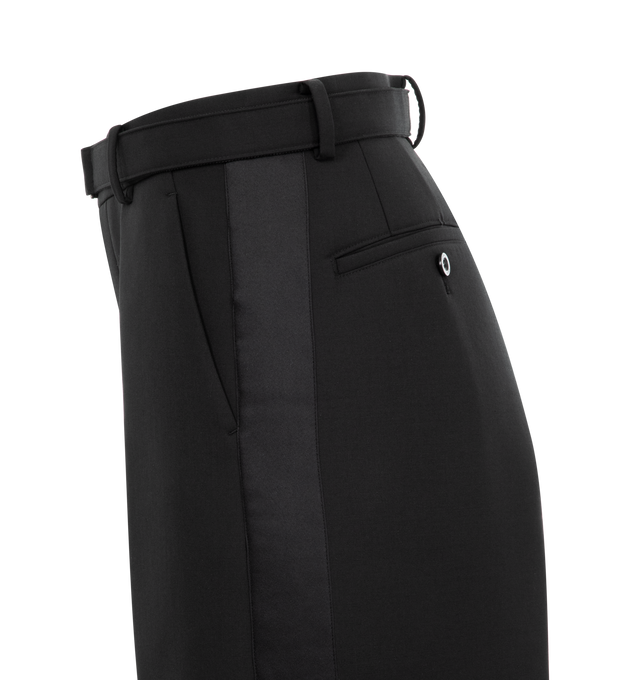 Image 3 of 3 - BLACK - Sacai Women's belted suiting trousers featuring high rise, adjustable belt, slanted wide legs, hidden button/zip fly, belt loops. 70% Polyester / 30% Wool with Cupro lining. Made in Japan. 