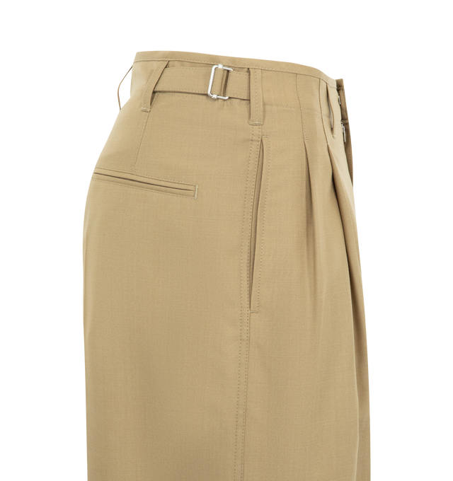 Image 3 of 3 - BROWN - LEMAIRE Pleated Tailored Pants featuring straight leg, waistband with belt loops, hook, button, and zip fastening, side slant pockets, front and back pleats and back welt pockets. Made in Romania. 