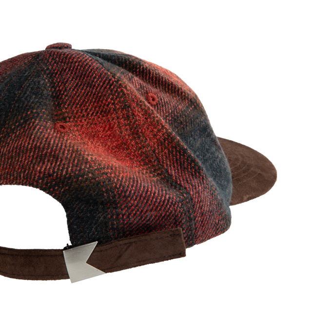 Image 3 of 3 - MULTI - Rhude 6-Panel Flannel Patch Hat features embroidered eyelets, a front logo patch, a suede brim, and a cinch strap at the back face.  