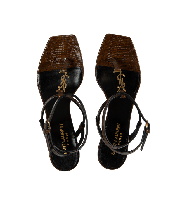 Image 4 of 4 - BROWN - SAINT LAURENT Cassandra Sandal featuring multi strap, square toe, cassandre on front and adjustable ankle strap. 60MM. Leather.  