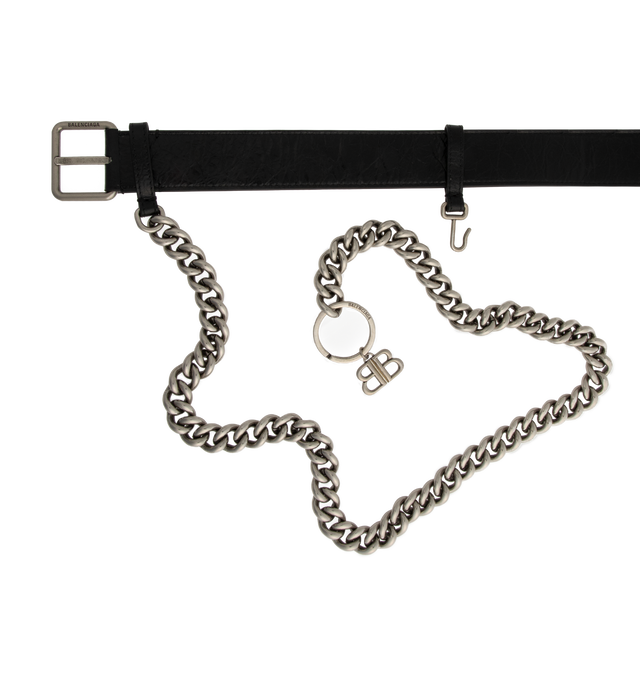 Image 2 of 2 - BLACK - Balenciaga Monaco Chain Belt in black Arena calfskin with aged-silver hardware. Width: 1.4 inch. Features chain attached to the belt with 1 leather loop with a hook in the middle to attached the chain, one spilt ring with Monaco BB logo charms and Balenciaga logo engraved on the buckle. Made in Italy. 