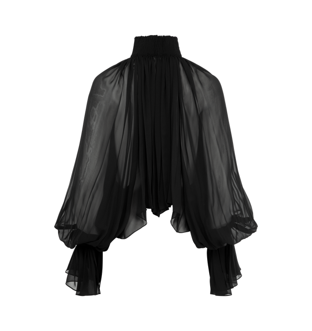 Image 5 of 5 - BLACK - KHAITE Durer Top featuring fluidly formed shirt framed by a high stand collar, cutaway silhouette with hand-crushed cartridge pleating and billowing sleeves cinched at the wrist. 100% silk. 