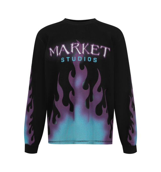 Image 1 of 2 - BLACK - Market Men's Through the Flames Thermal Long Sleeve Shirt is crafted from a soft cotton-blend thermal knit and features a classic crew neckline, long sleeves, and seasonal Through the Flames graphic artwork for a bold statement look. This designer thermal shirt combines textured everyday comfort with Market's signature contemporary streetwear aesthetic, making it an elevated layering essential for cooler weather. Main Material: Cotton Blend Thermal Knit. 52% Cotton; 48% Polyester. 